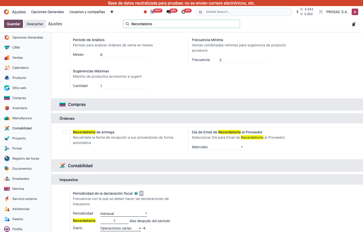 Settings search for Recordatorio
