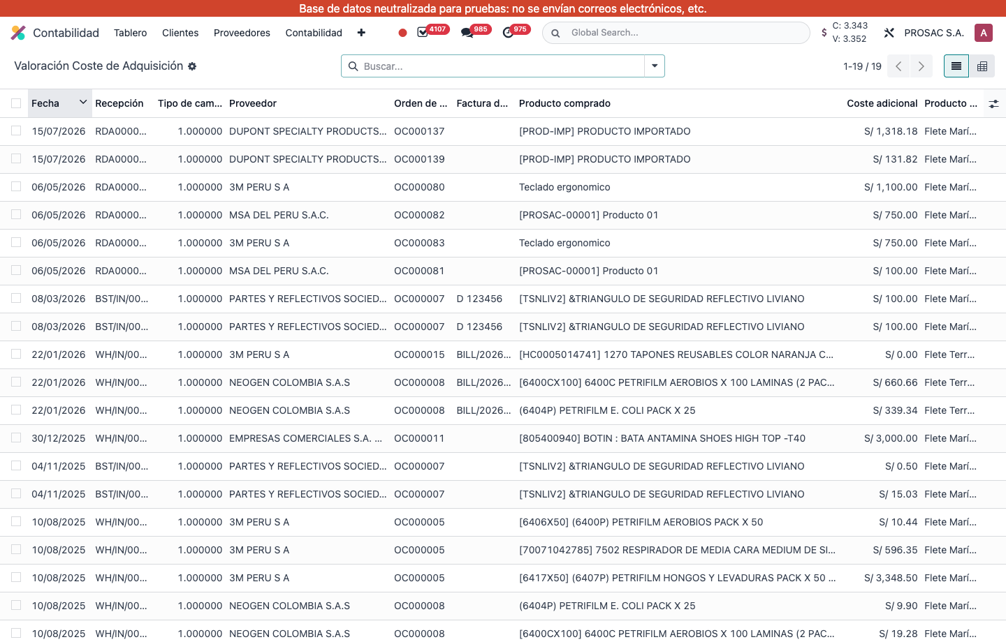 Landed cost valuation report list
