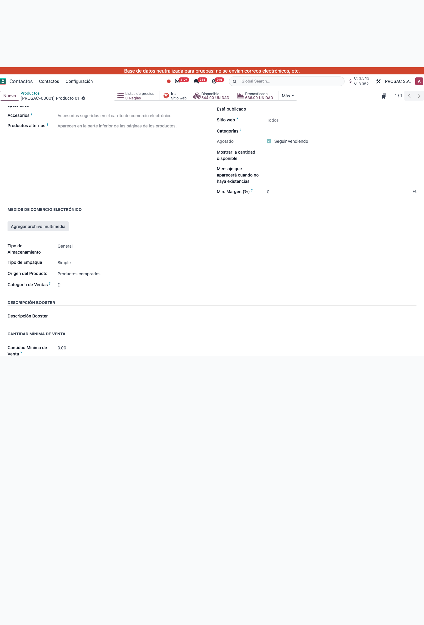 Product Ventas tab with Booster fields