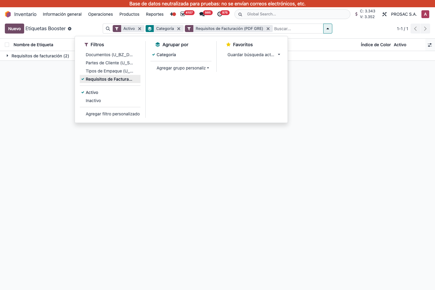 Tag Management with Invoice Requirements filter