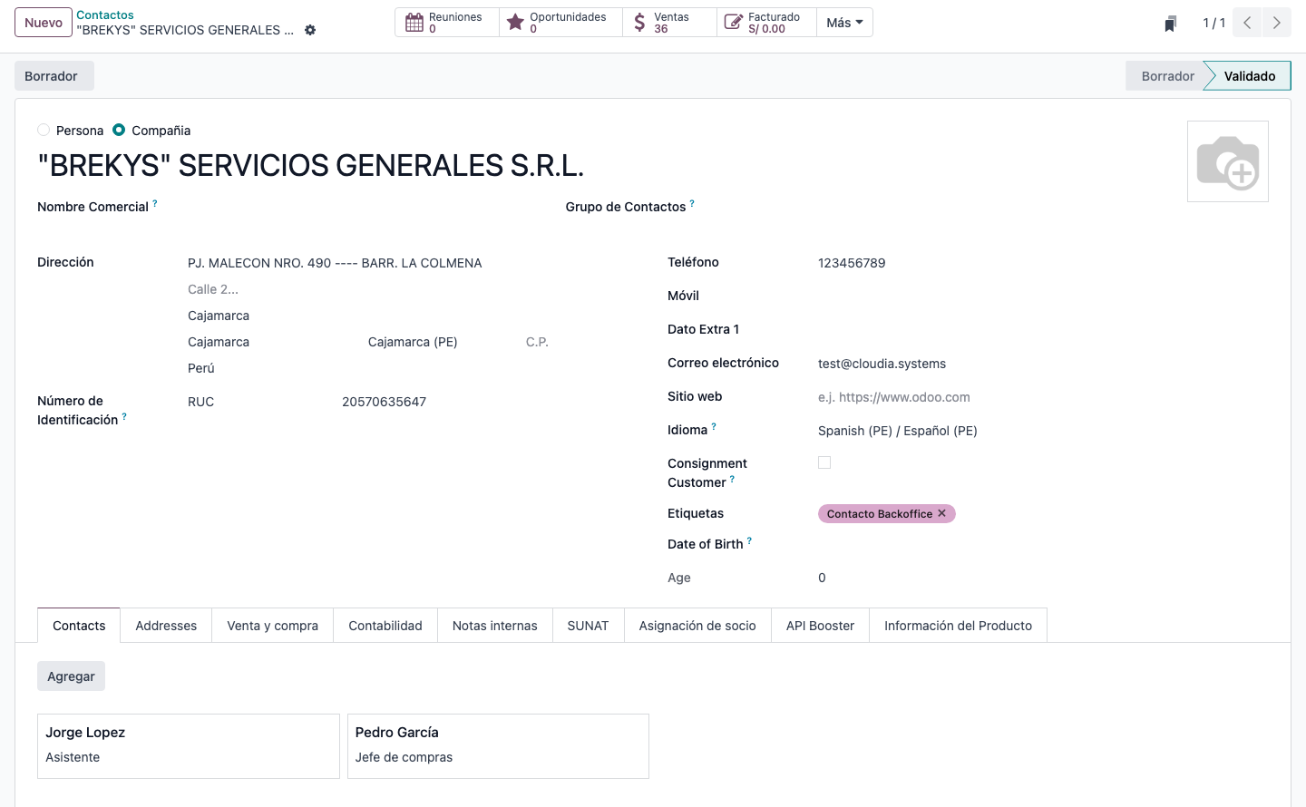 Validated contact with Borrador button