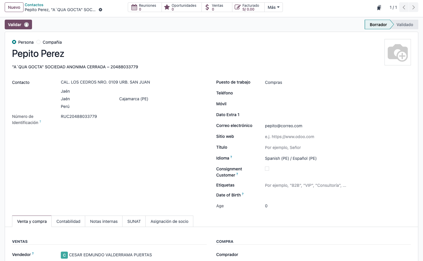 Draft contact with Validar button