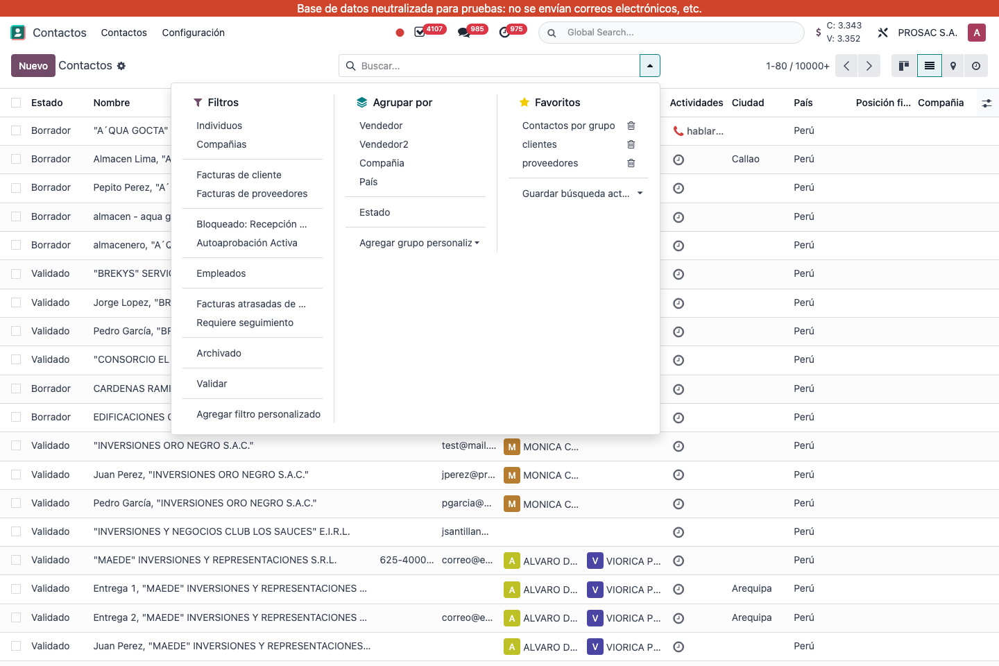 Contacts search with Validar filter and Estado column