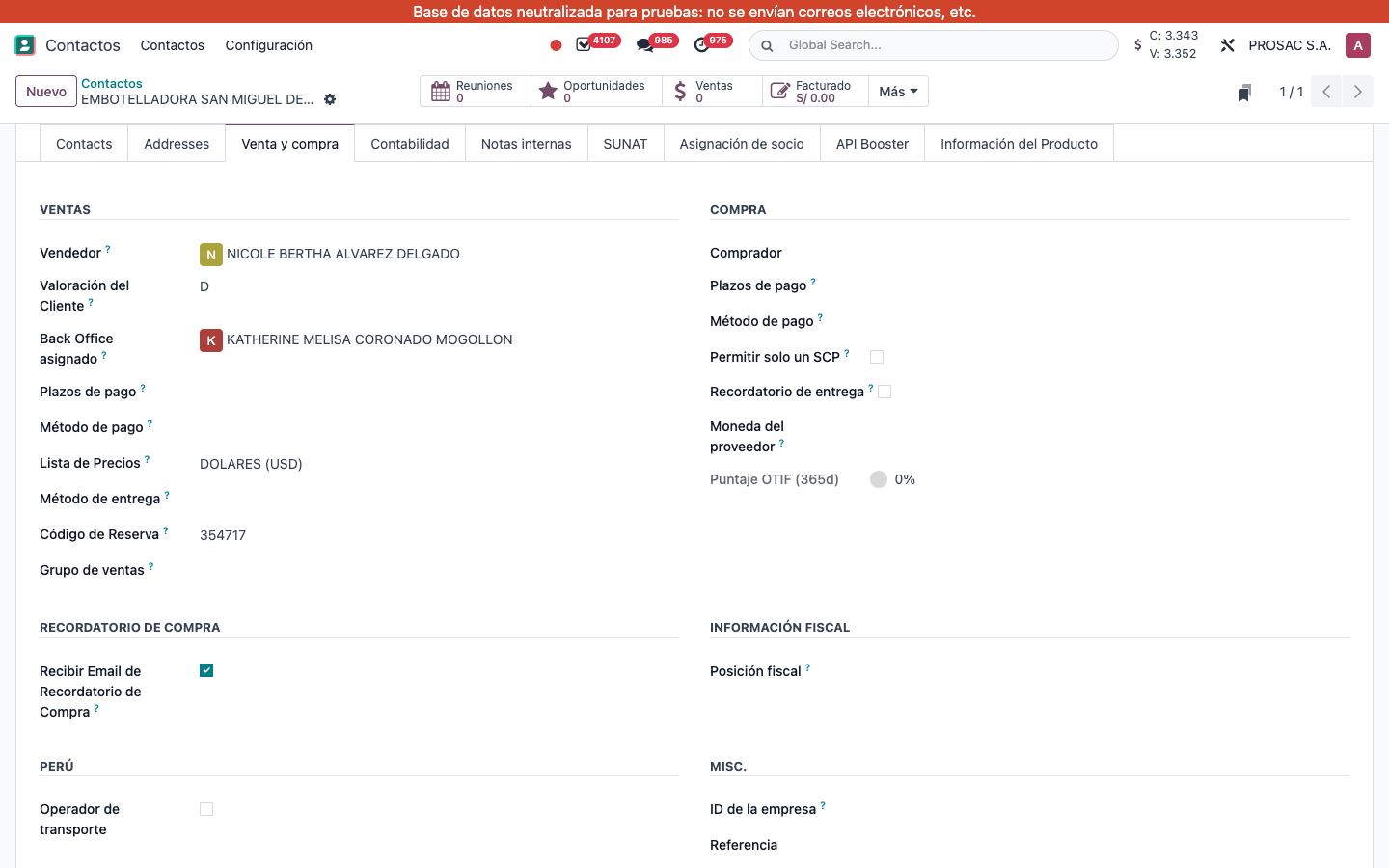 Back Office asignado on the contact