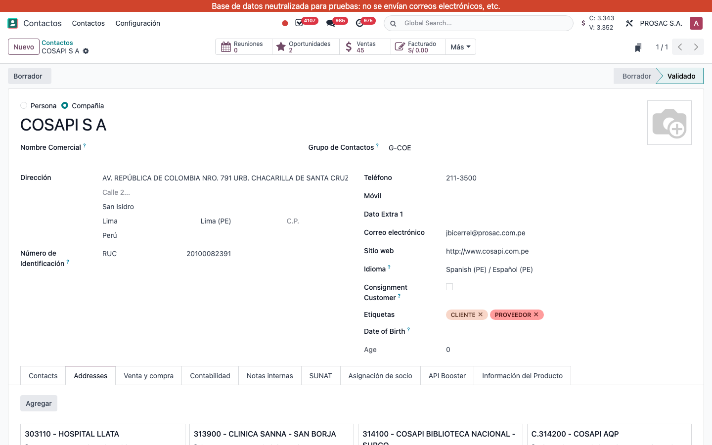 Addresses tab on the company