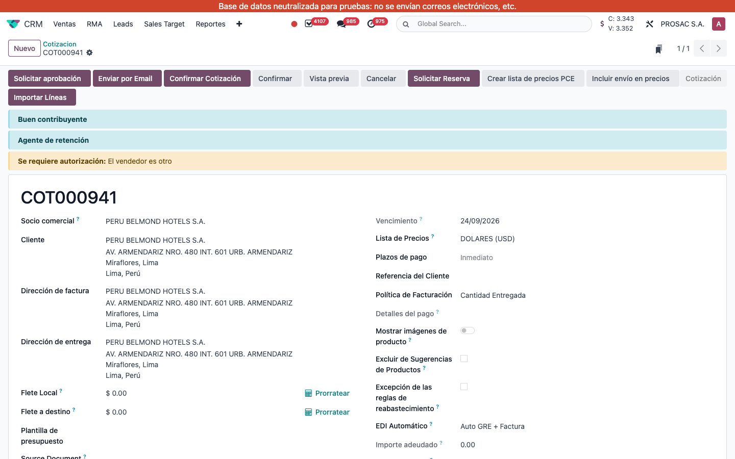 Cotización customer field uses the full contact, not quick create