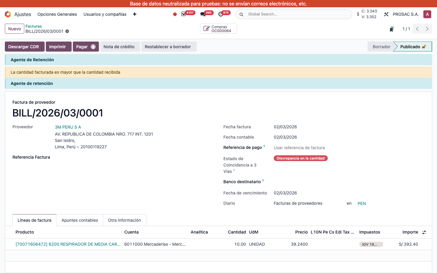 Vendor bill with quantity mismatch warning