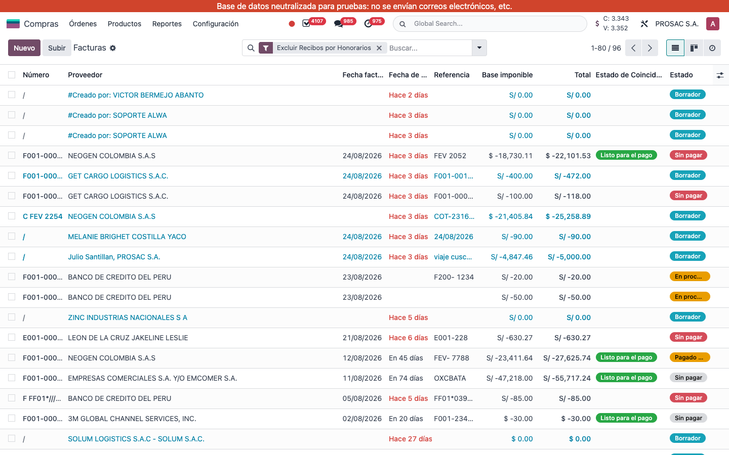 Vendor bills list with 3-way match column