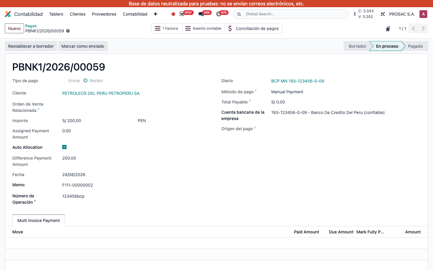 Payment form with Número de Operación filled