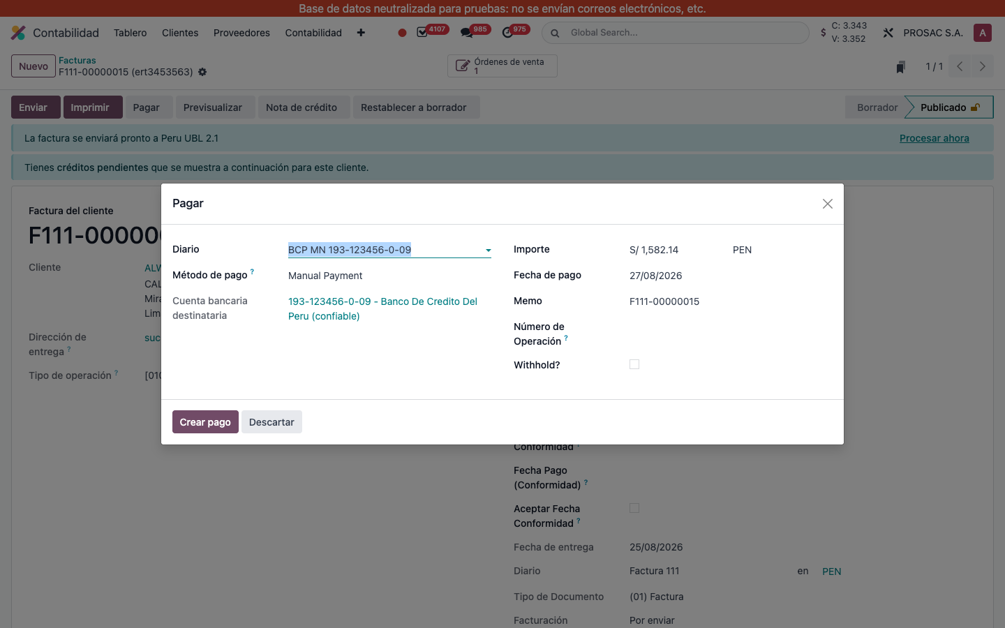 Register payment wizard with Número de Operación