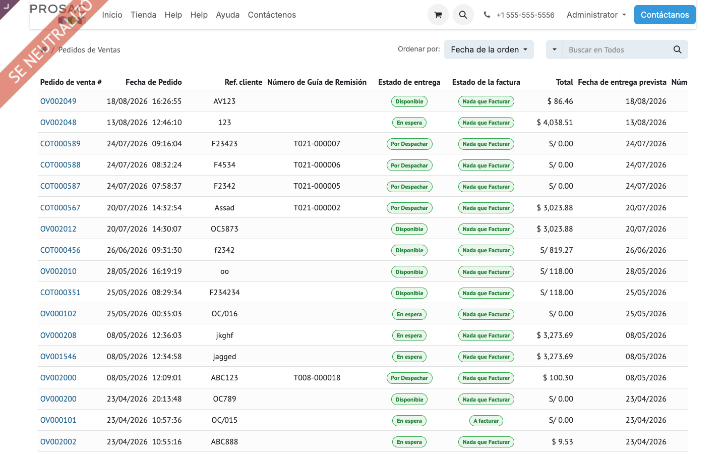 Portal sale orders list with delivery columns