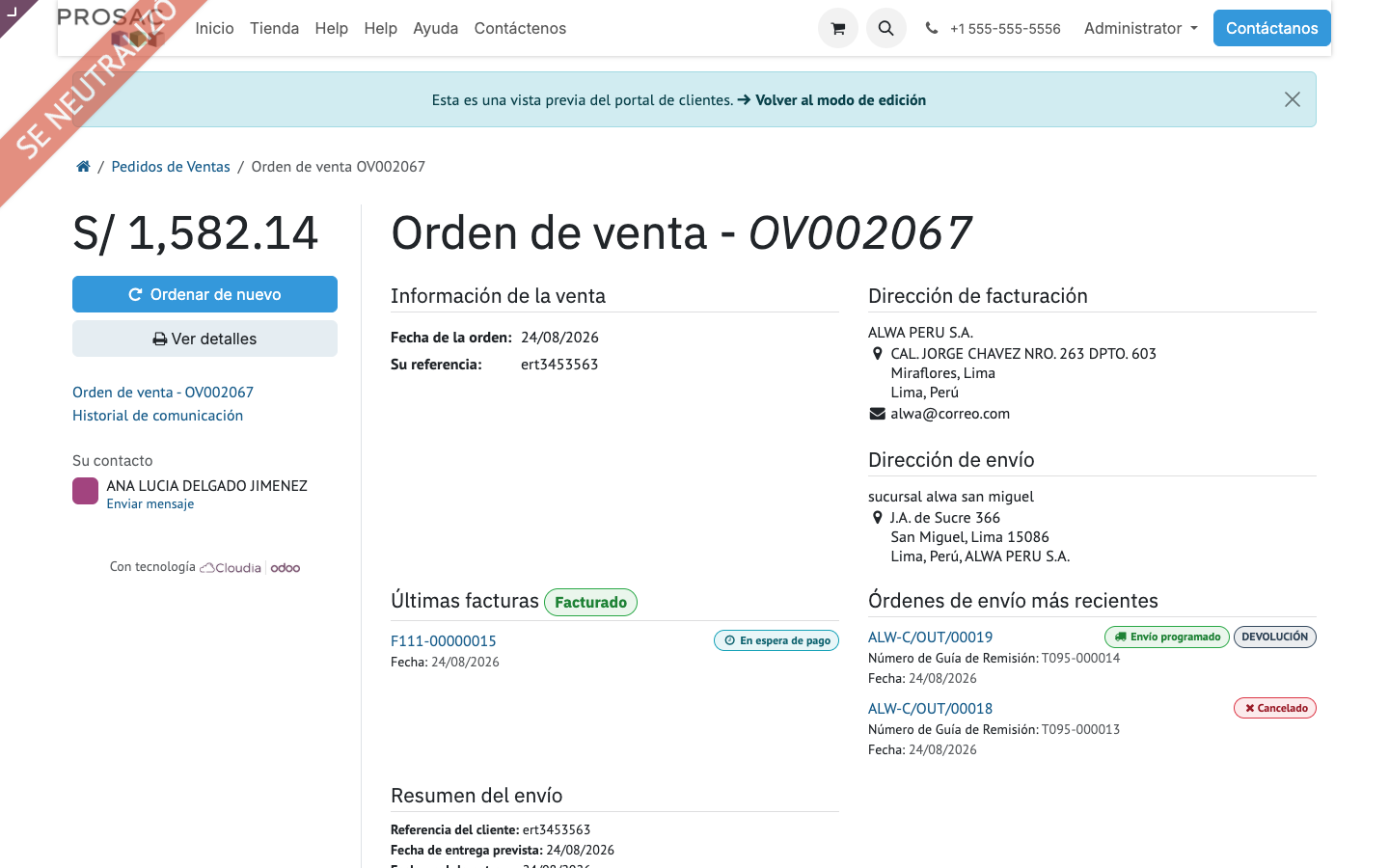 Portal order with delivery summary