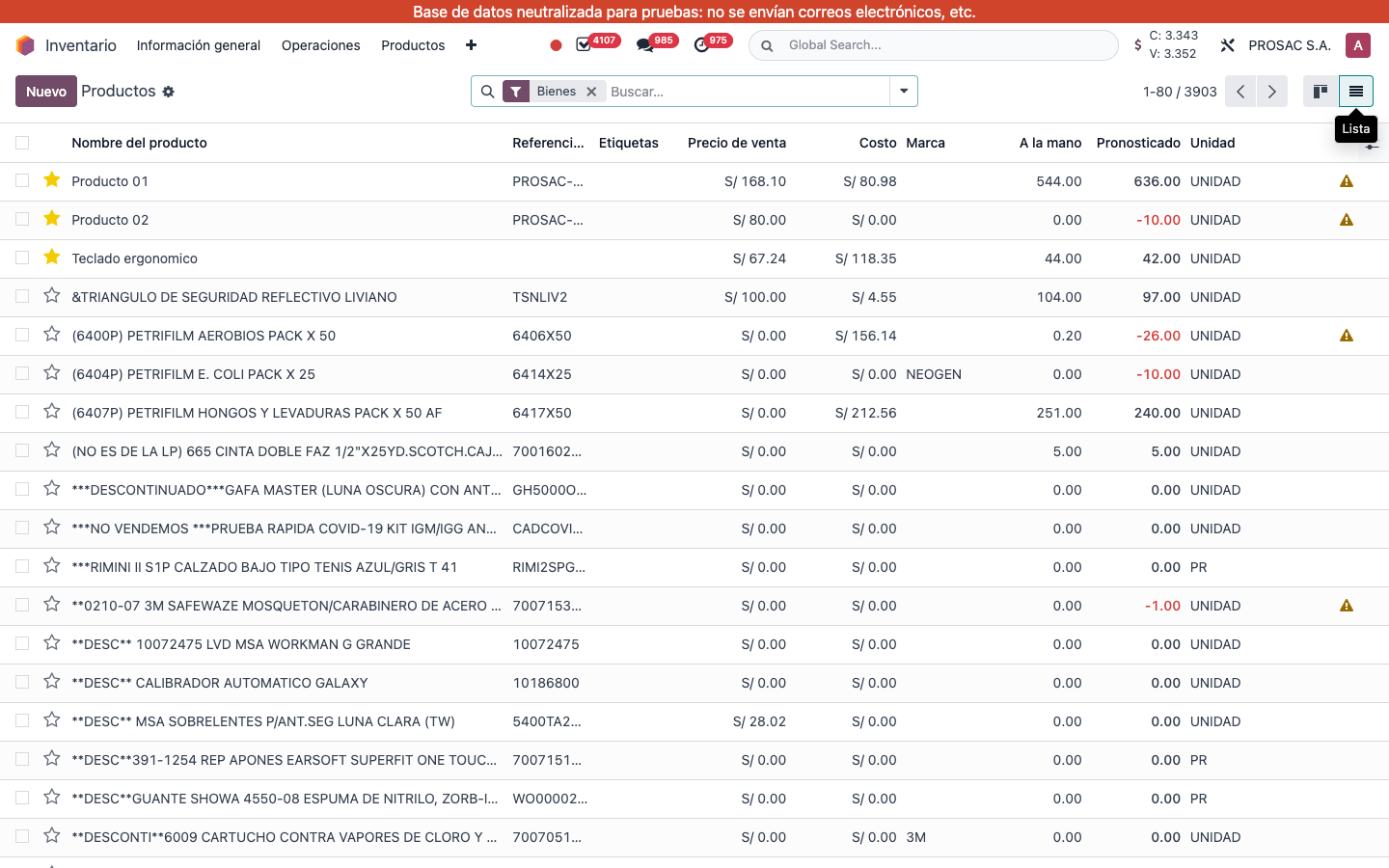 Product list where import is launched