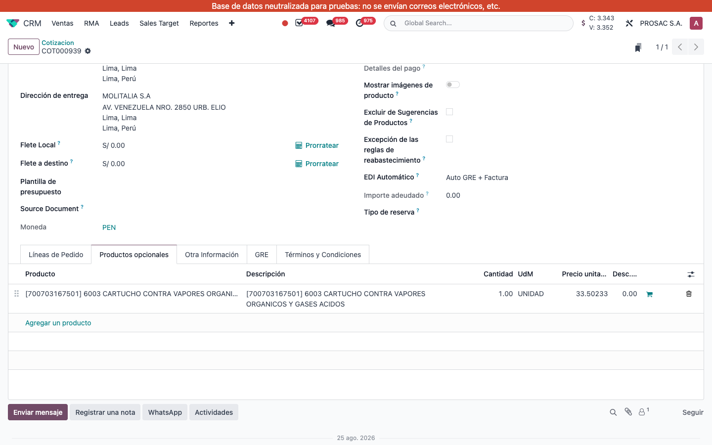 Optional products tab on a quotation