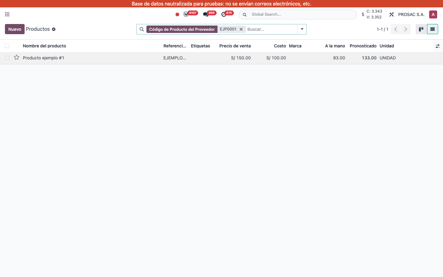 Product list filtered by vendor product code