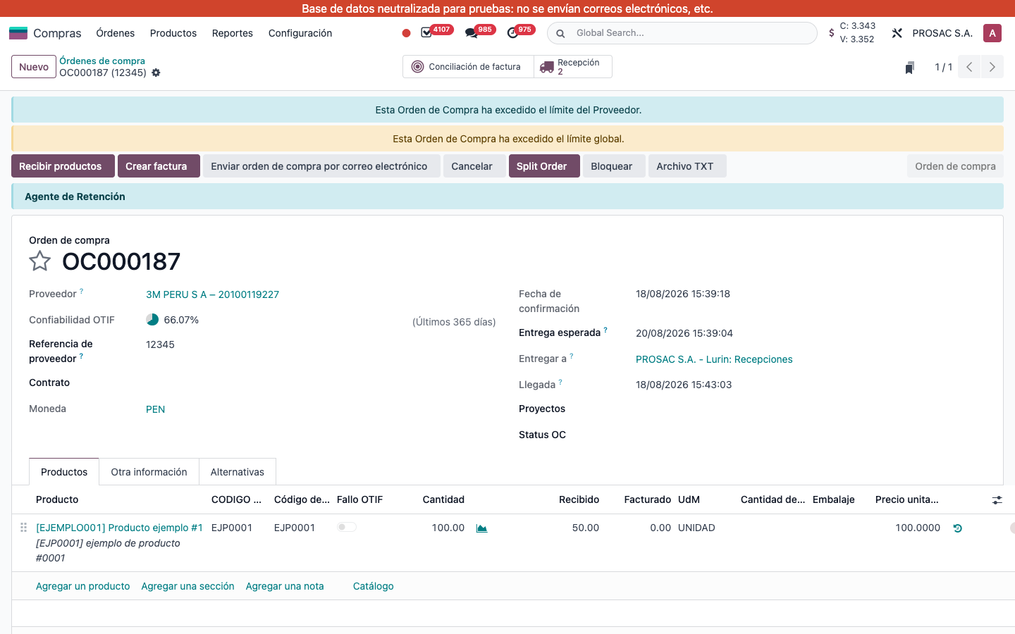 Purchase order line with Código de Producto
