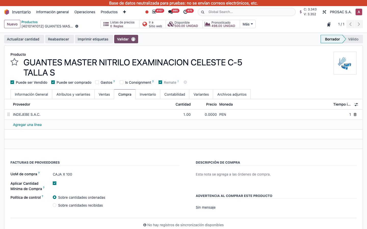 Product Compra tab with minimum quantity enforcement