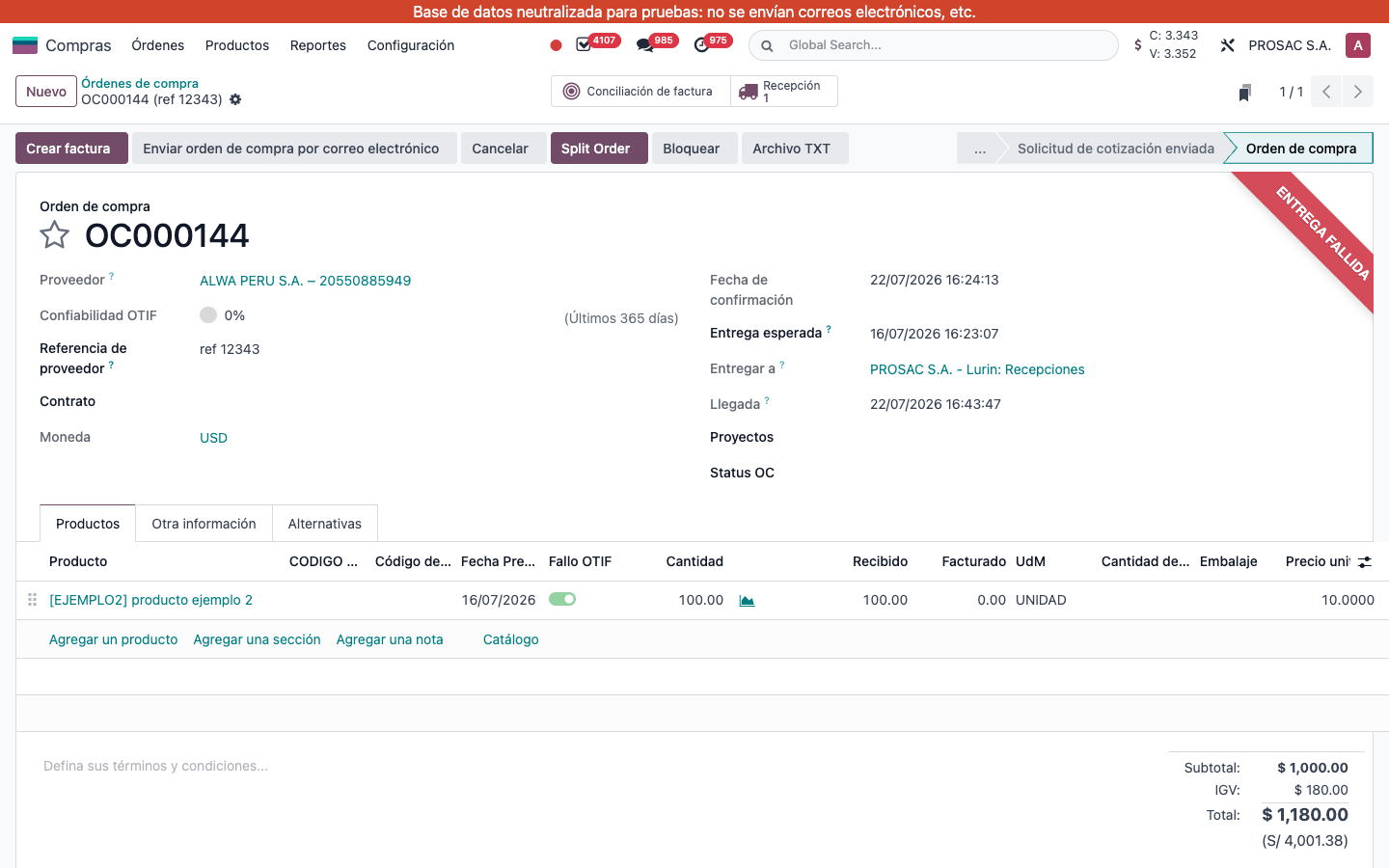 Purchase order with ENTREGA FALLIDA ribbon and OTIF fields