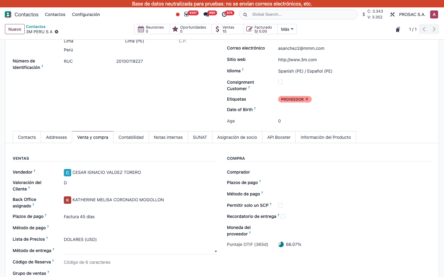 Vendor contact Venta y compra tab with Puntaje OTIF
