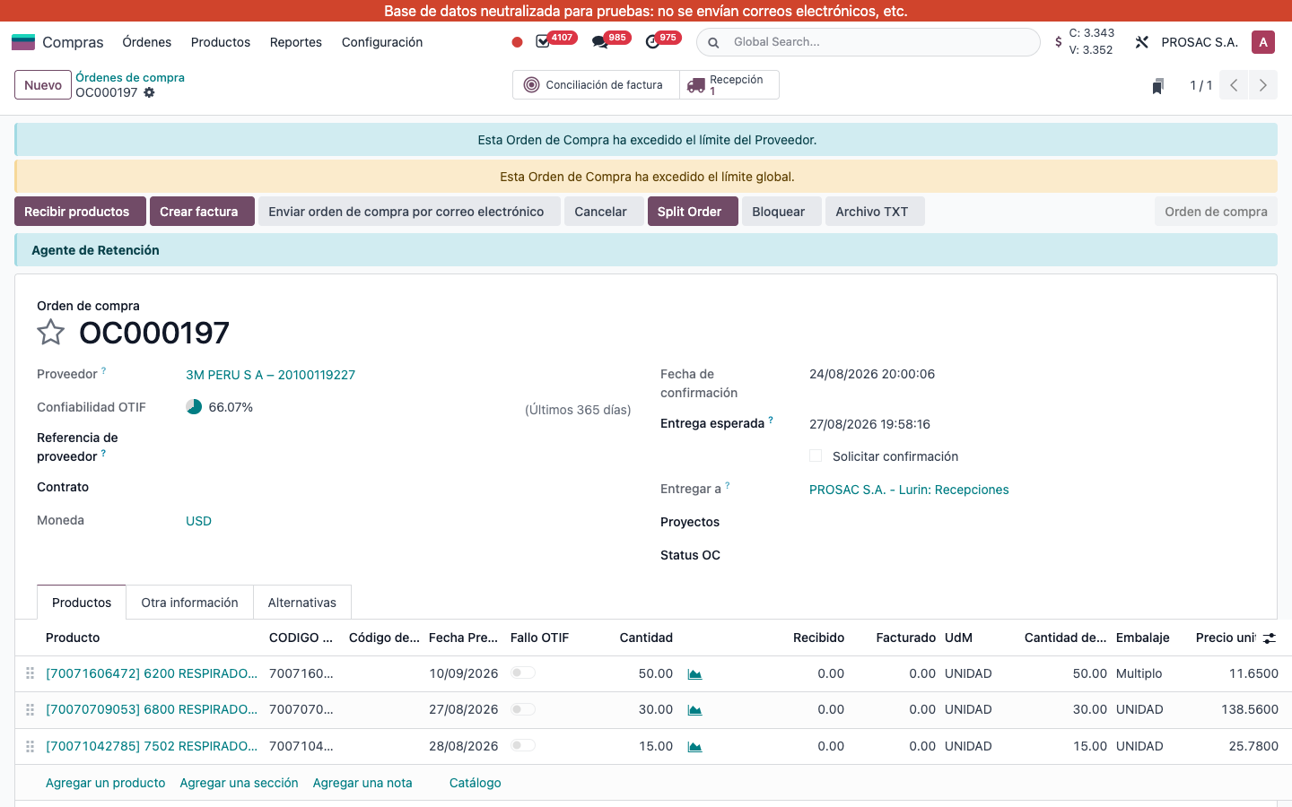 Purchase order lines with Embalaje column