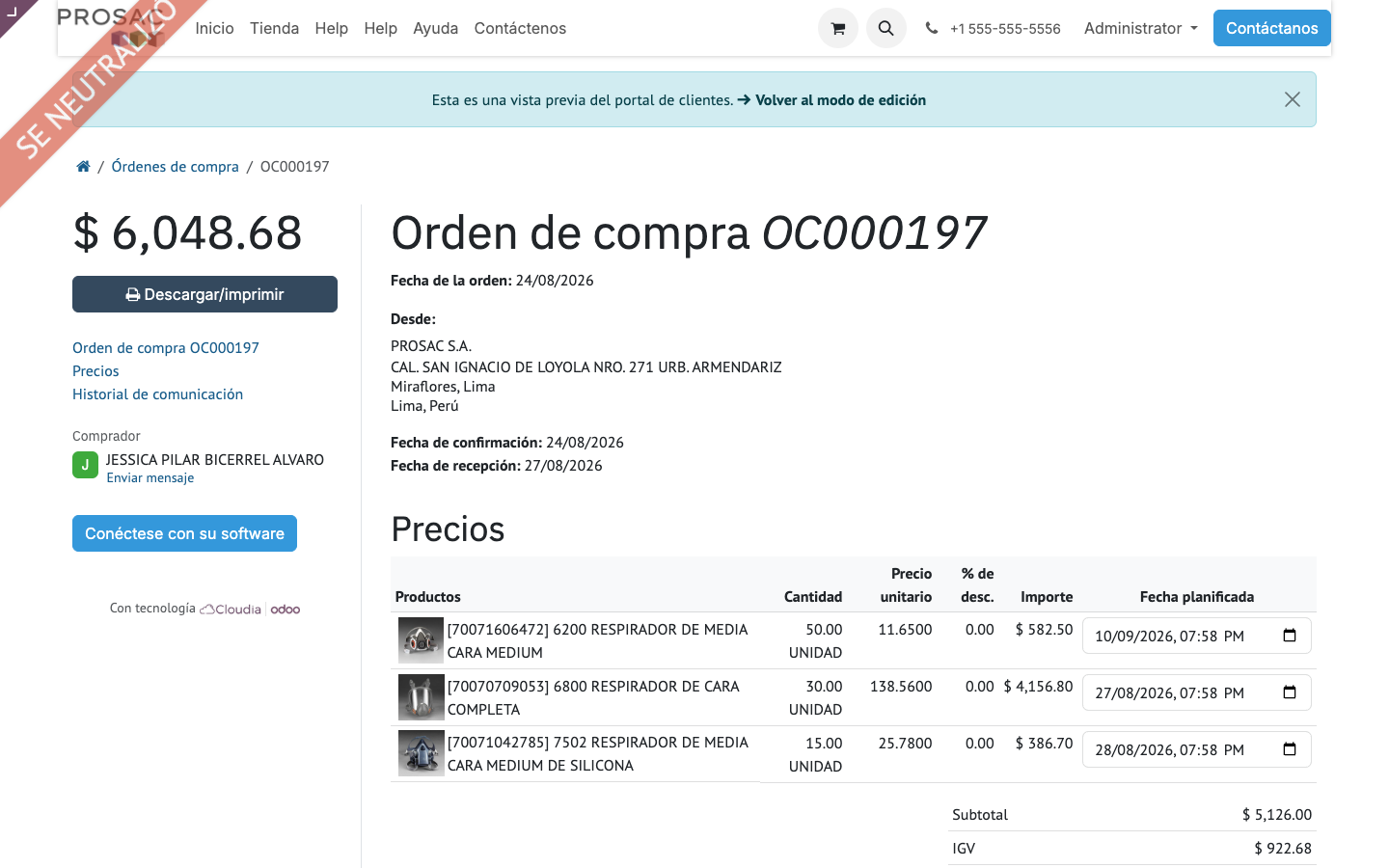 Portal purchase order with Fecha planificada column
