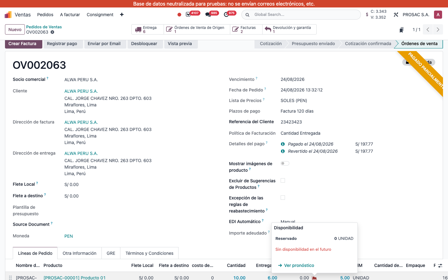 Sales order lines with Cantidad disponible actualmente column