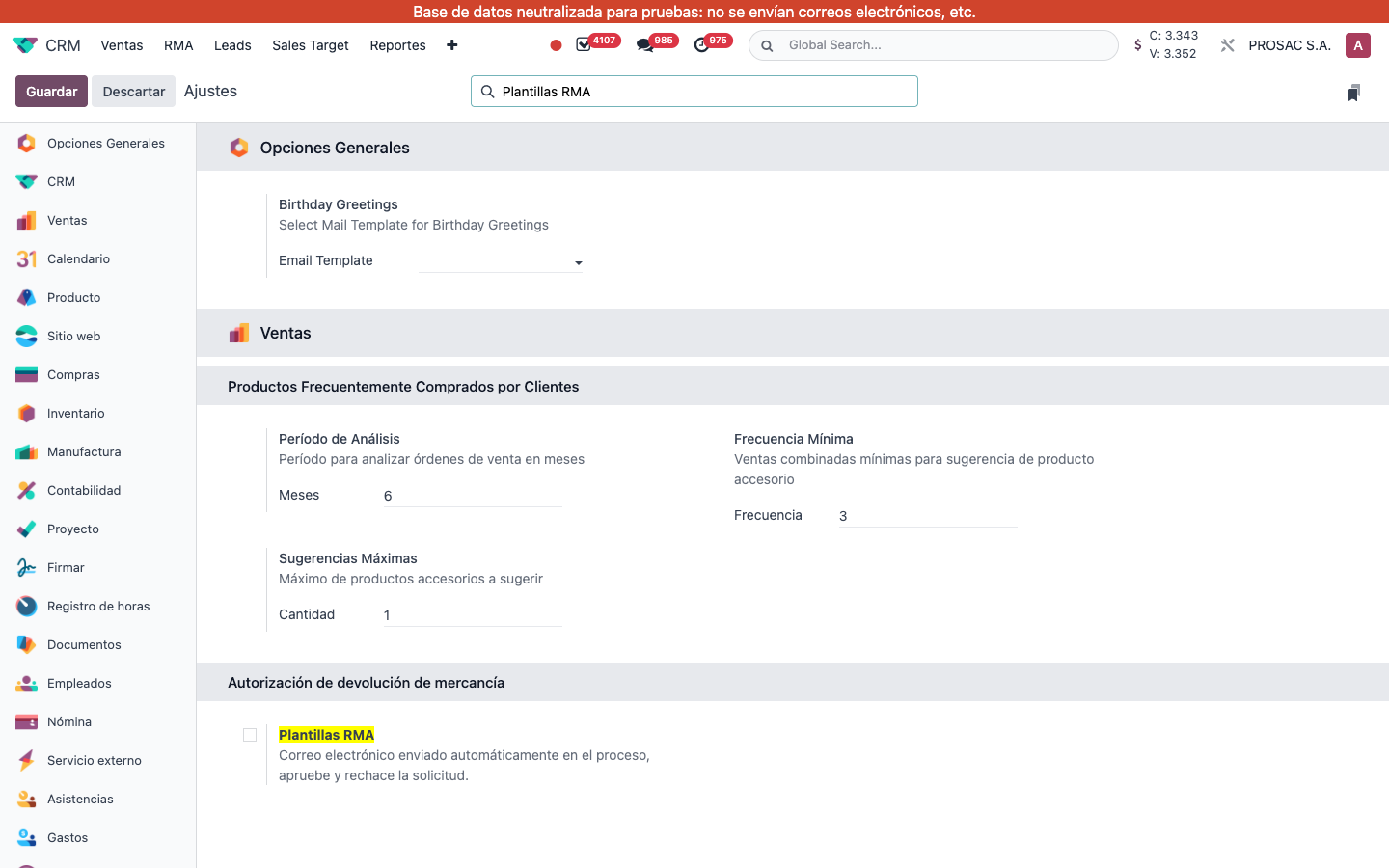 Sales settings Plantillas RMA