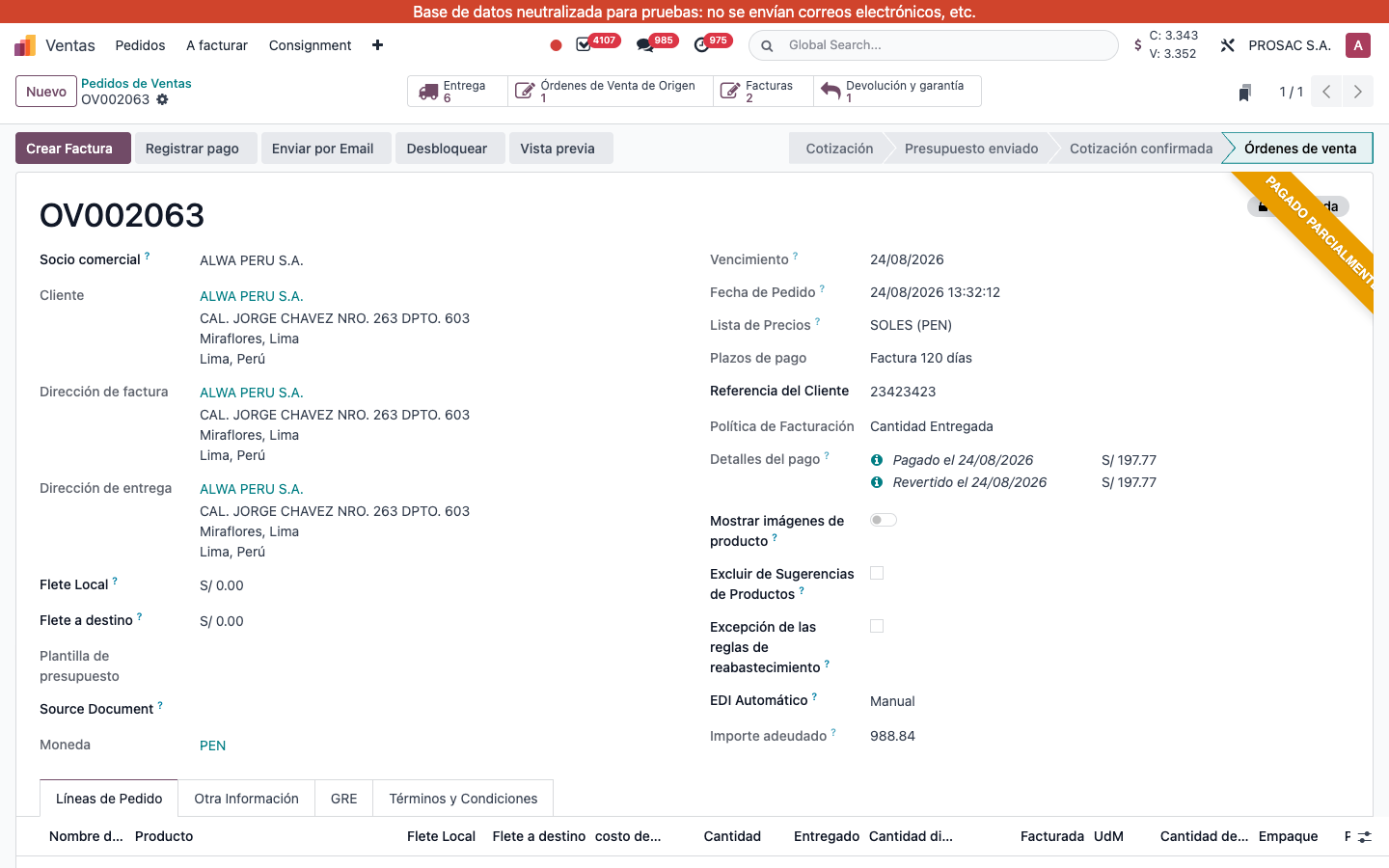 Sales order with RMA related button