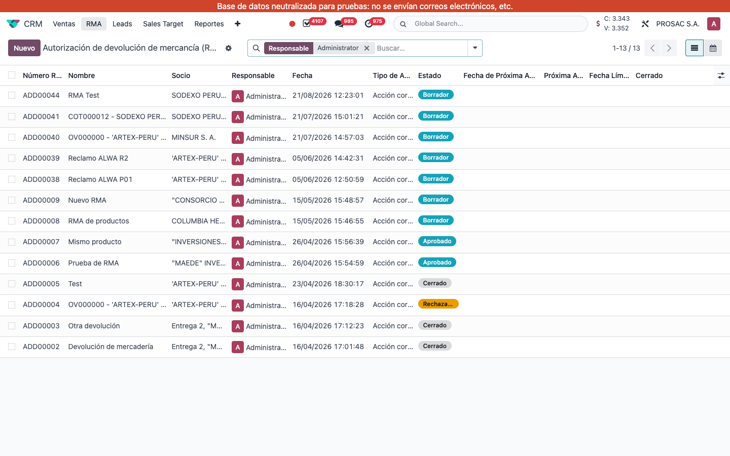 CRM RMA menu and claims list