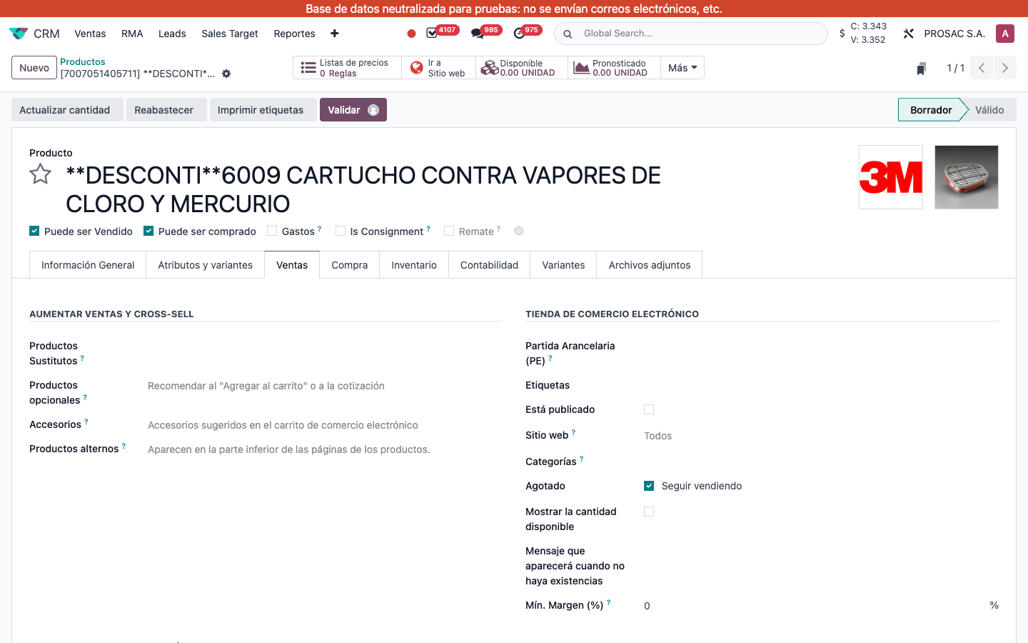 Product Ventas tab Min. Margin