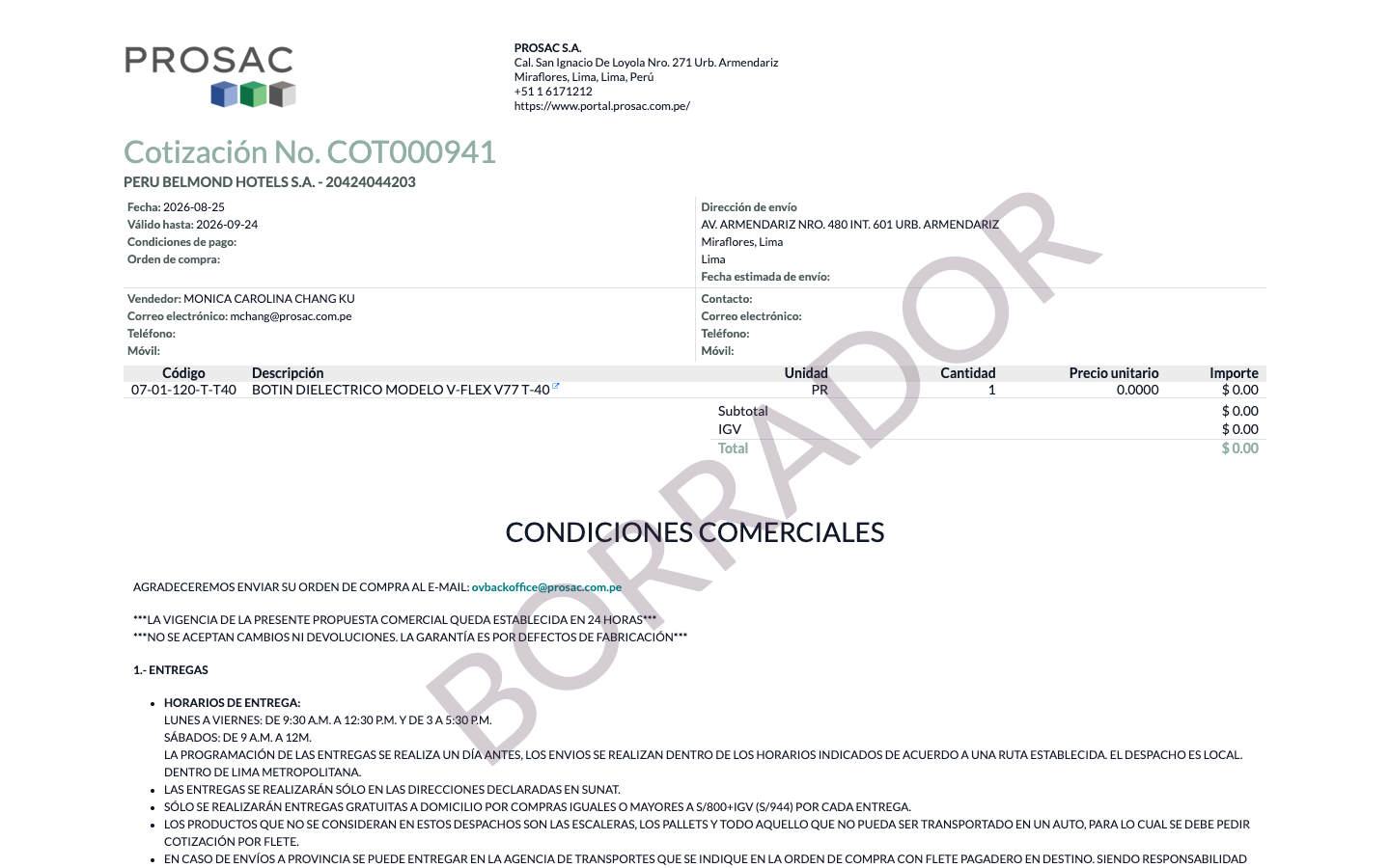 COT000941 quotation PDF with BORRADOR watermark