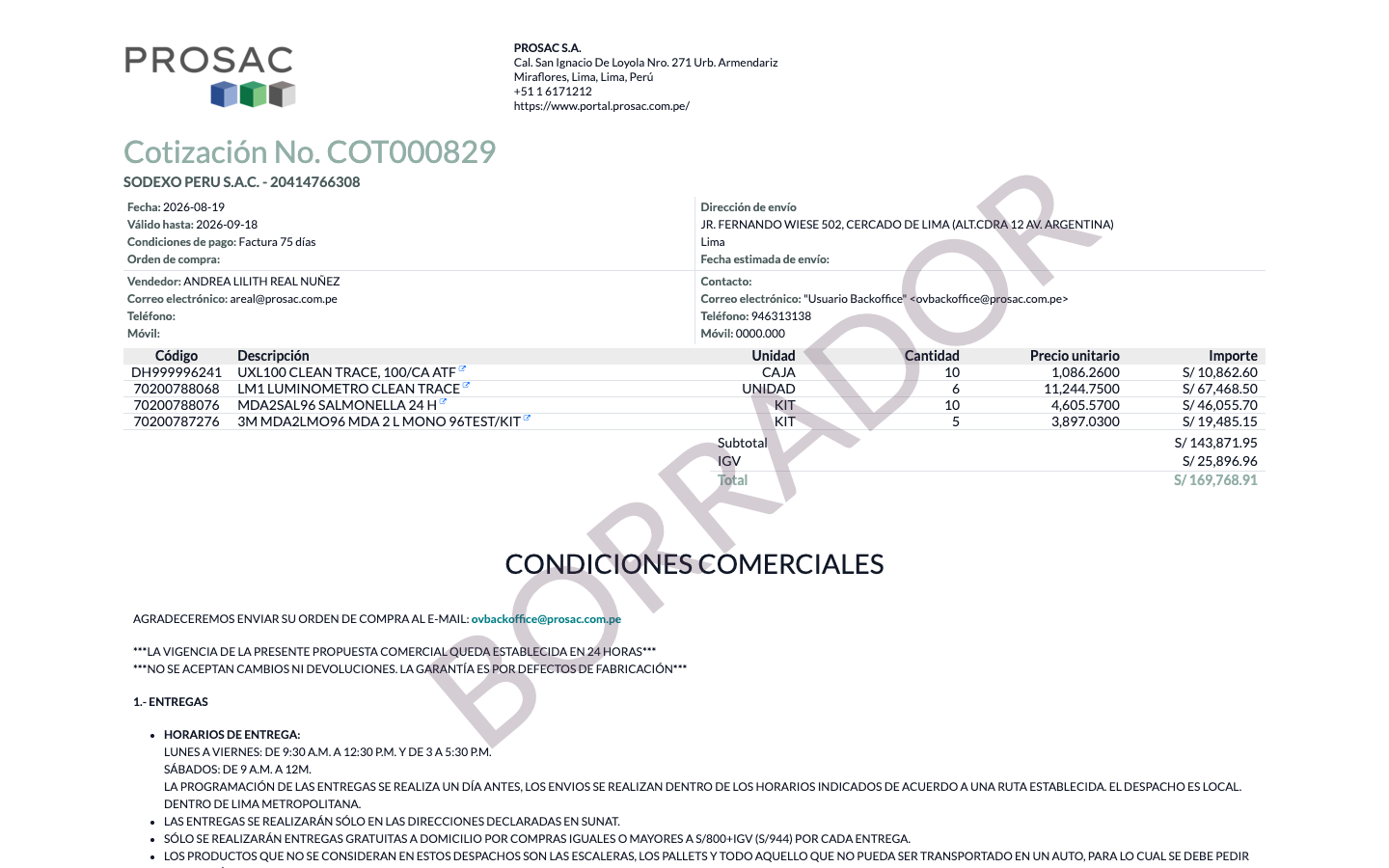 COT000829 quotation PDF with BORRADOR watermark