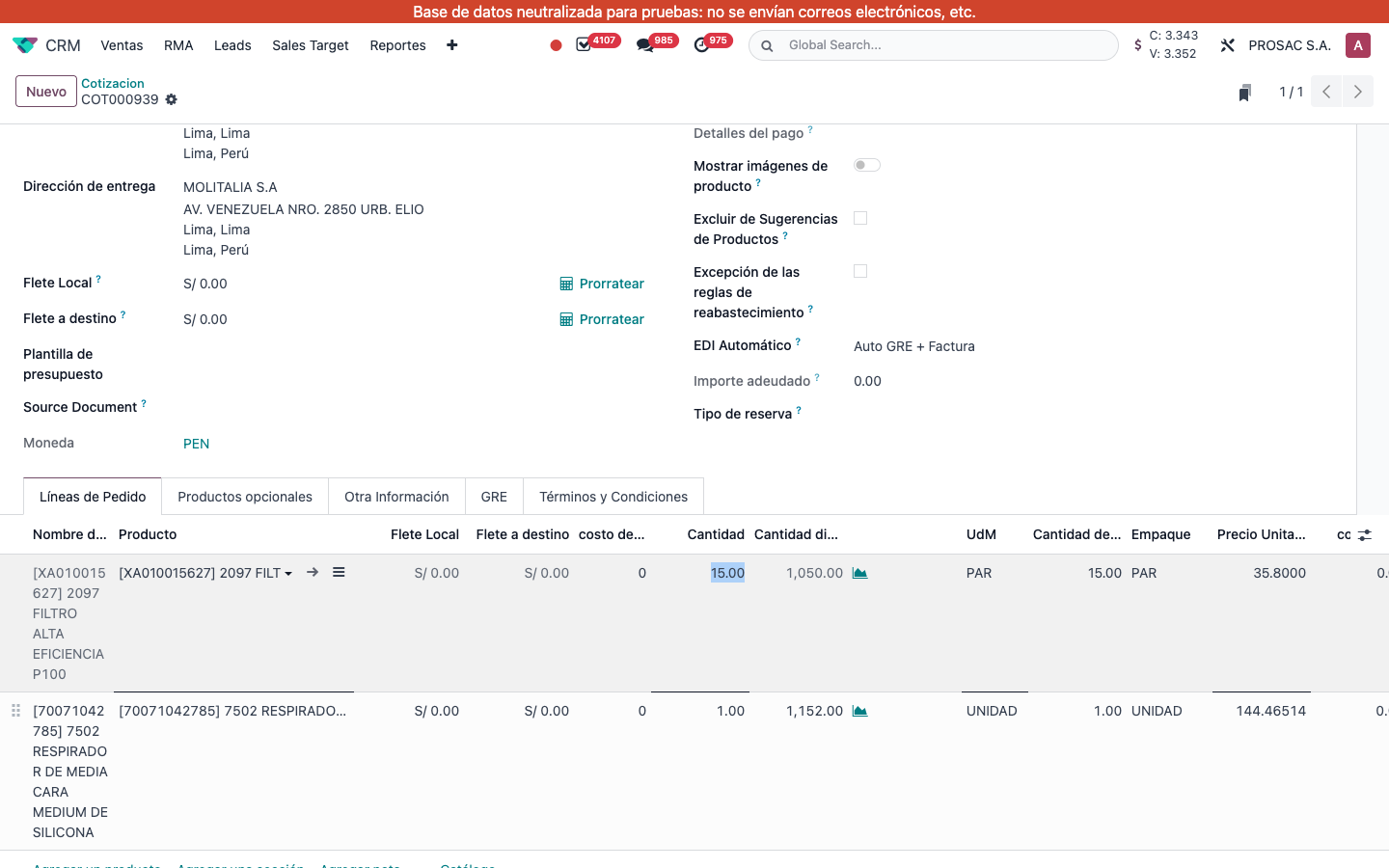COT000939 order lines with cost columns