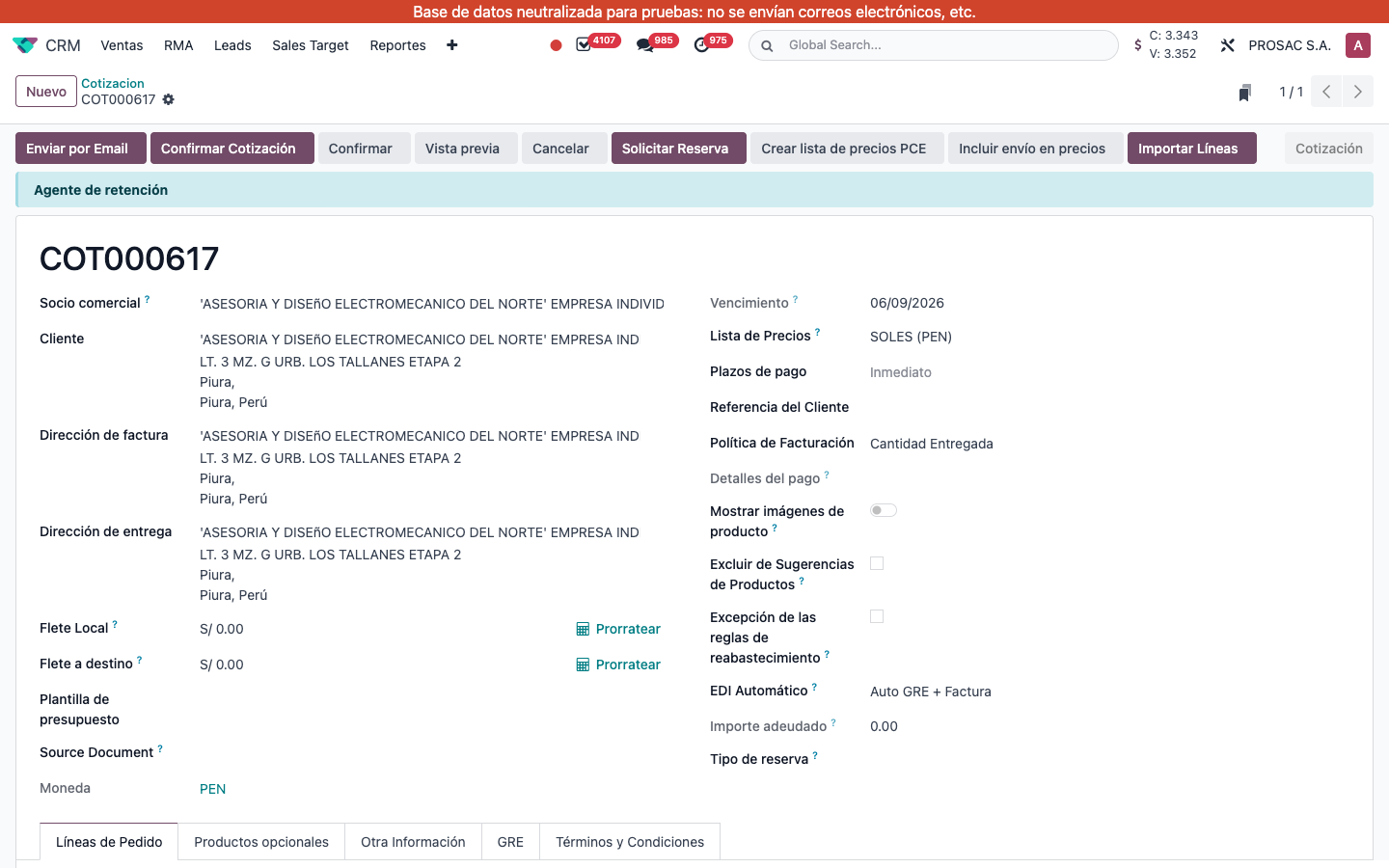 Quotation COT000617 with customer, invoice and delivery addresses