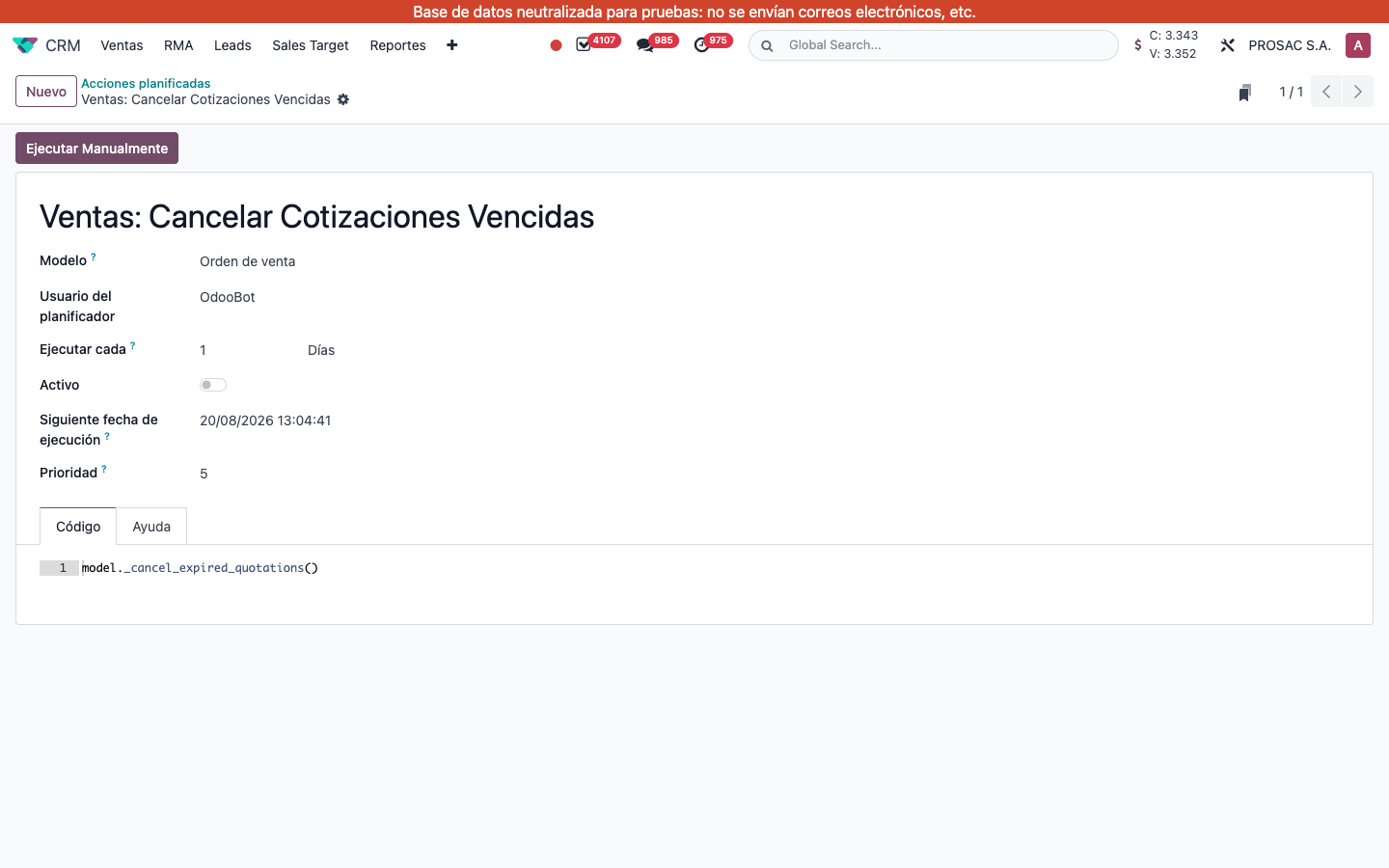 Scheduled action Ventas: Cancelar Cotizaciones Vencidas