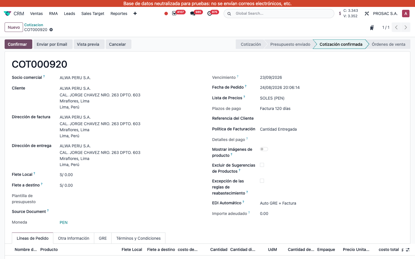 Confirmed quotation with Confirmar to create the sales order
