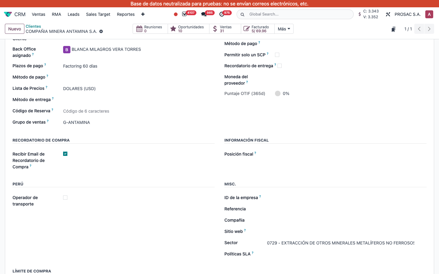 Partner Sales tab with Grupo de ventas