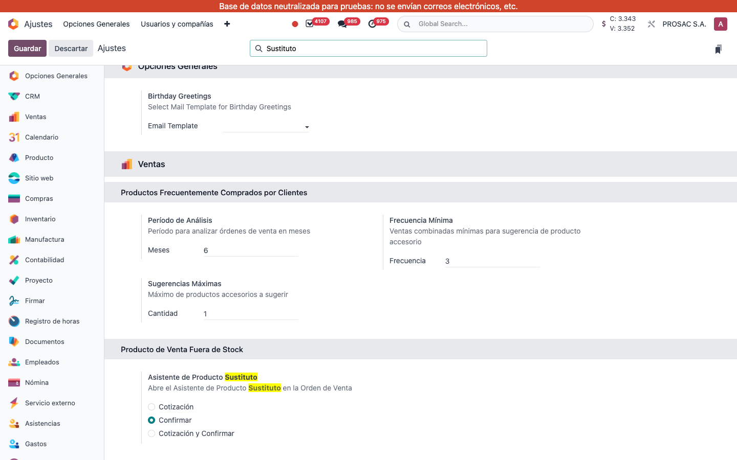 Settings Asistente de Producto Sustituto
