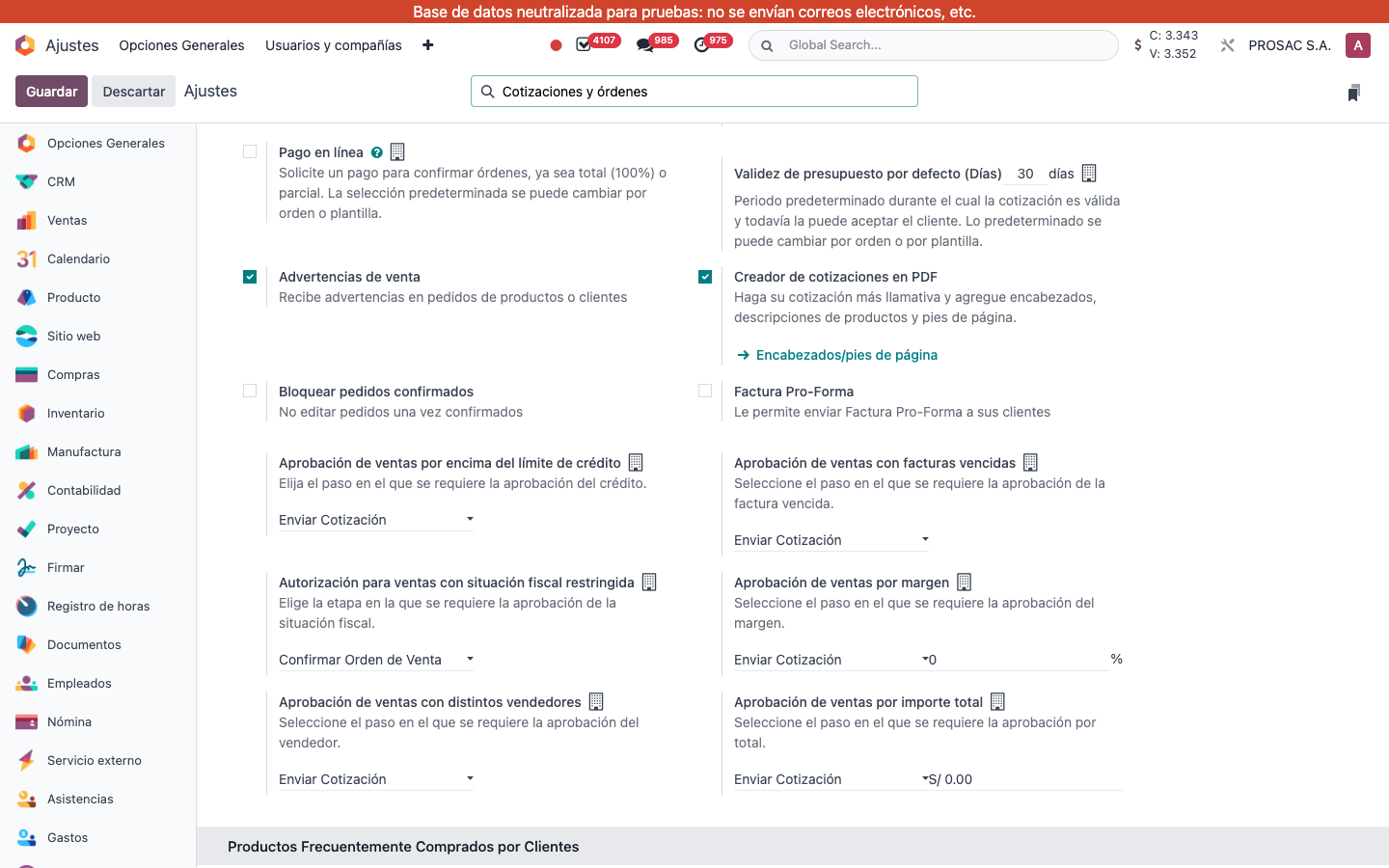 Sales settings without Asignación de meses