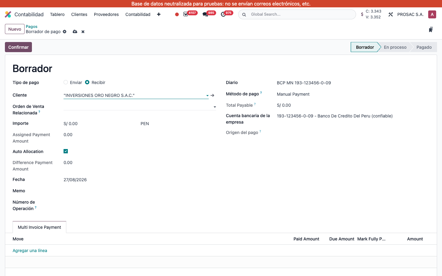 Draft payment with Orden de Venta Relacionada