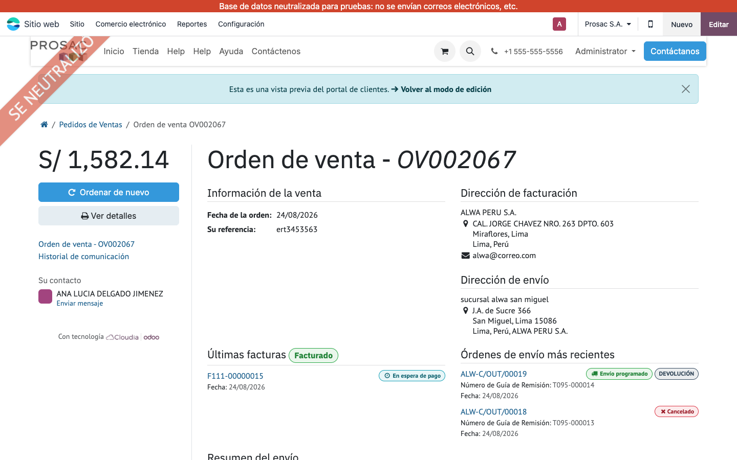 Portal order OV002067 with guía and invoice badge