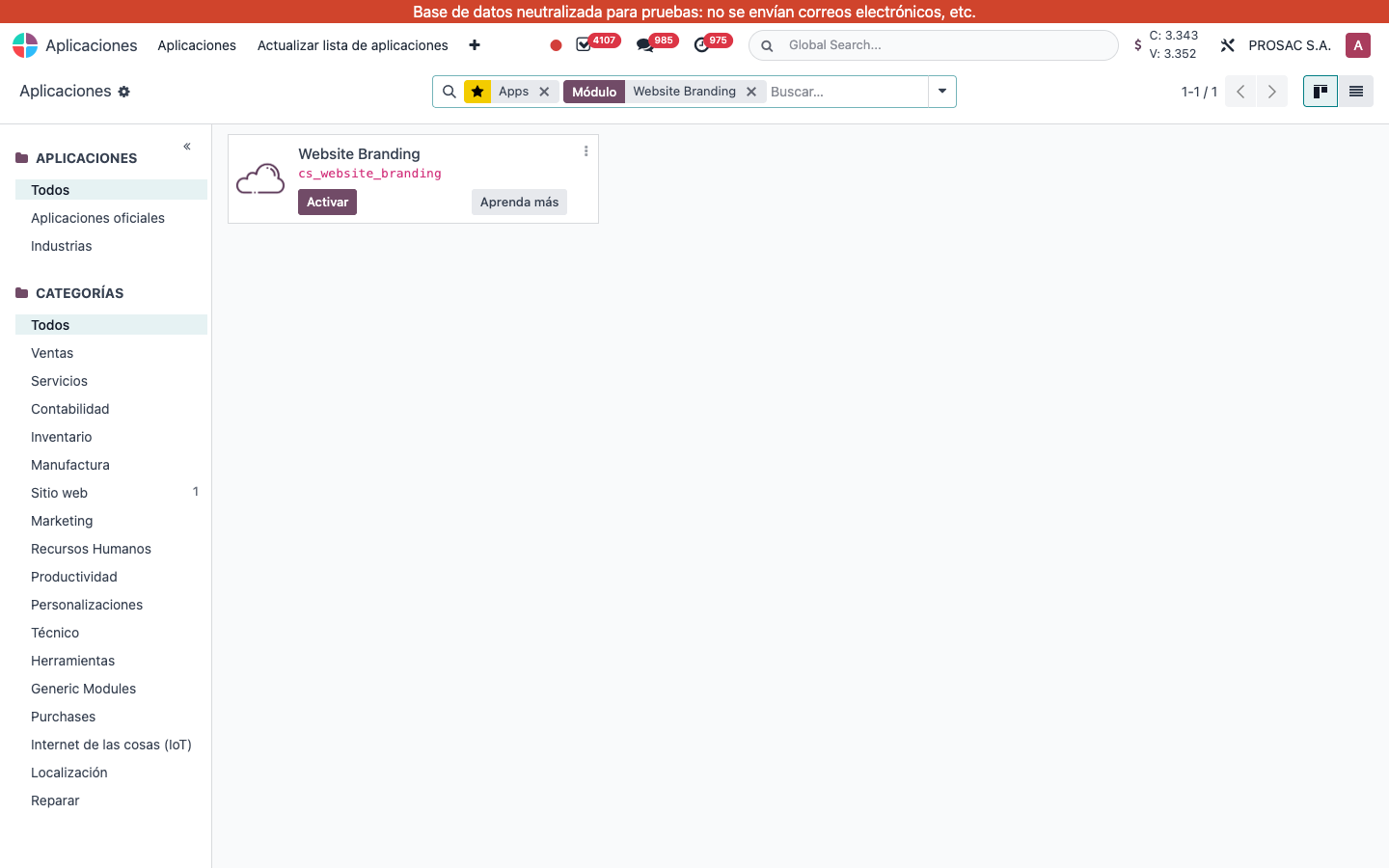 Apps card Website Branding uninstalled