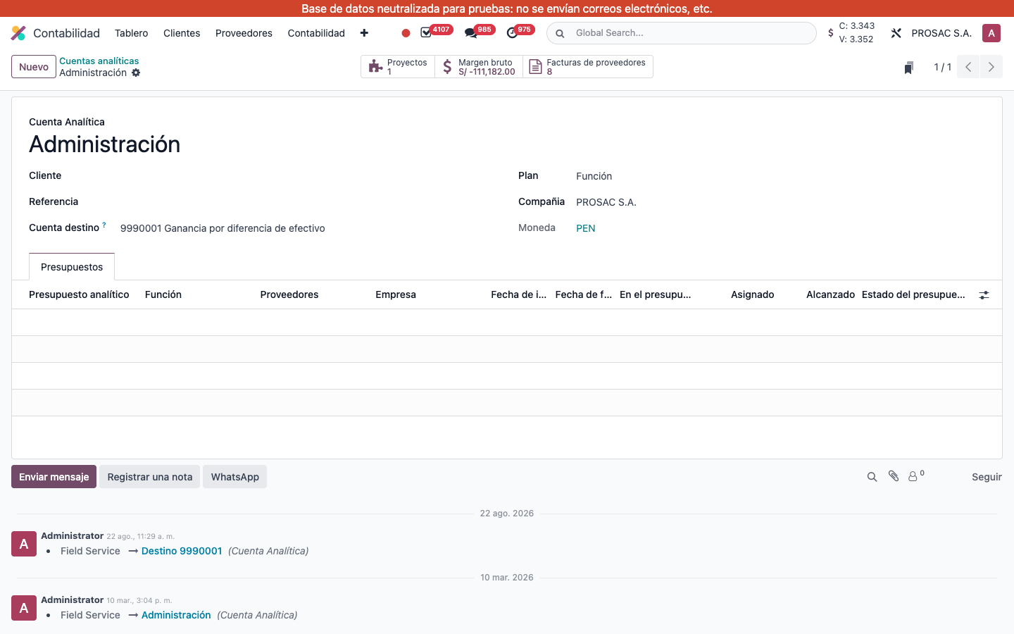 Analytic account Cuenta destino