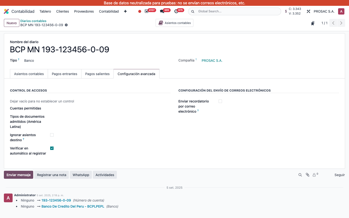 Journal advanced settings Ignorar asientos destino