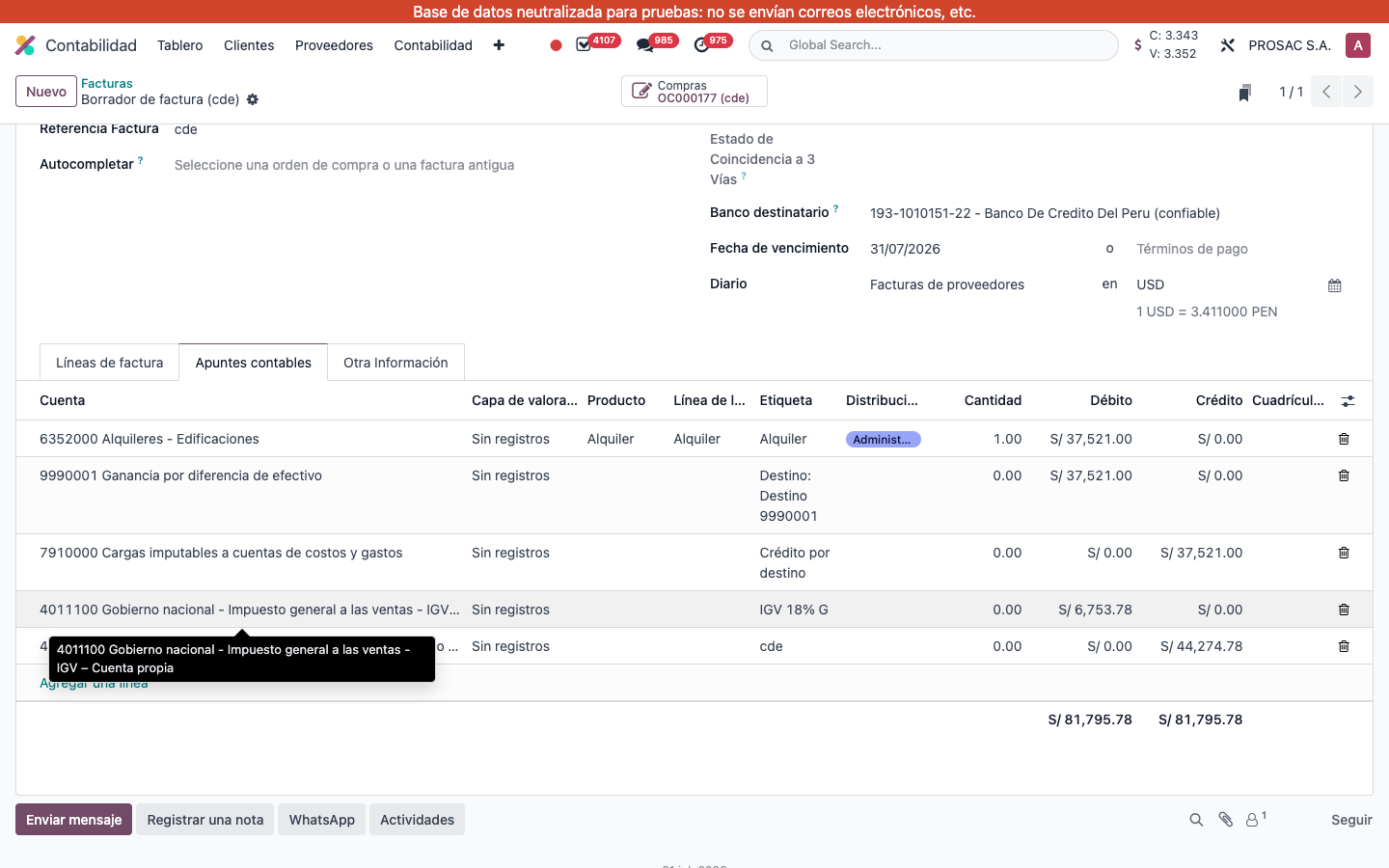 Vendor bill Apuntes contables with Destino lines
