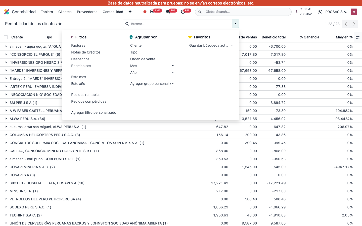 Profitability search filters and group-by