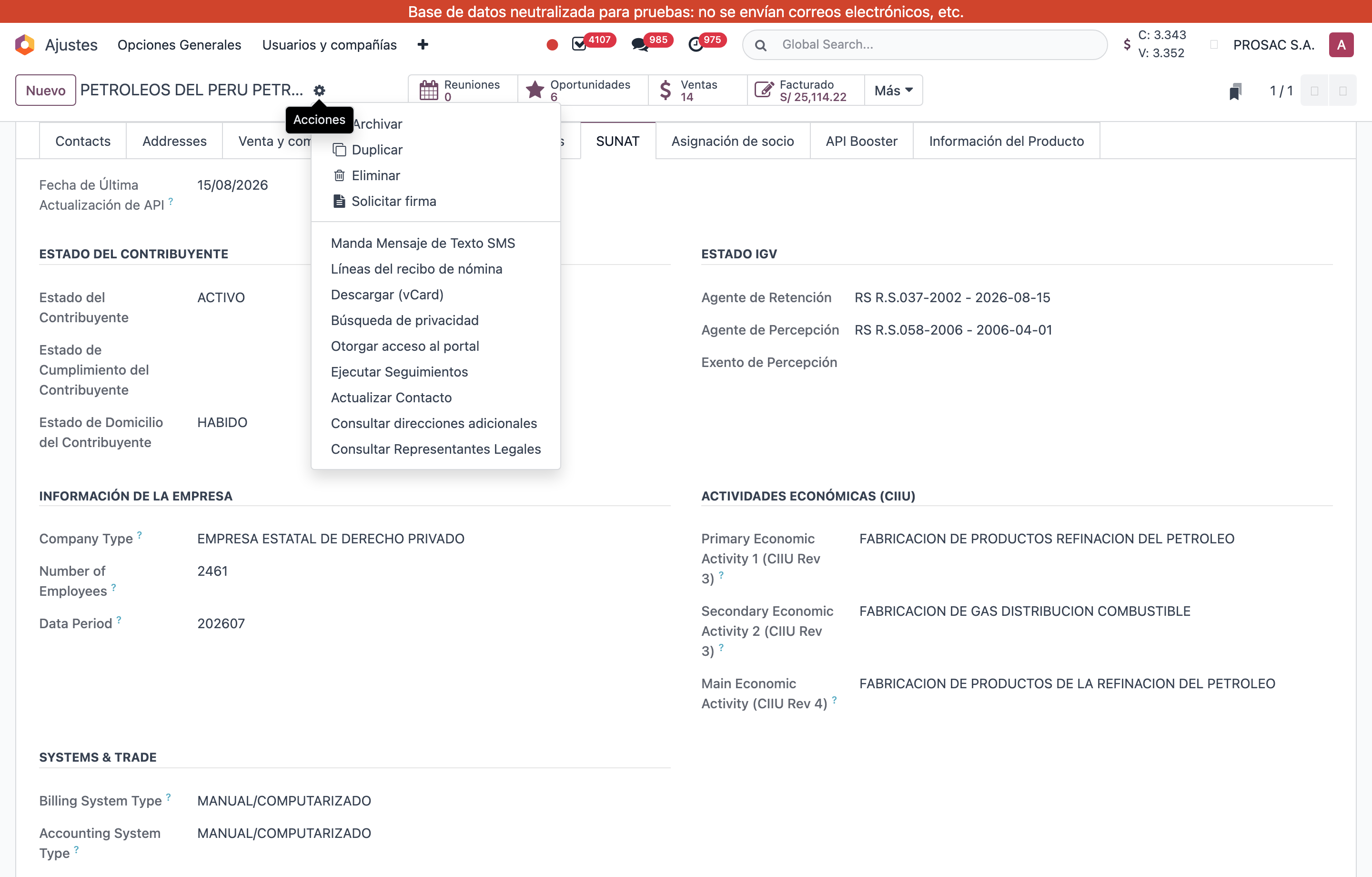 Action menu on the contact