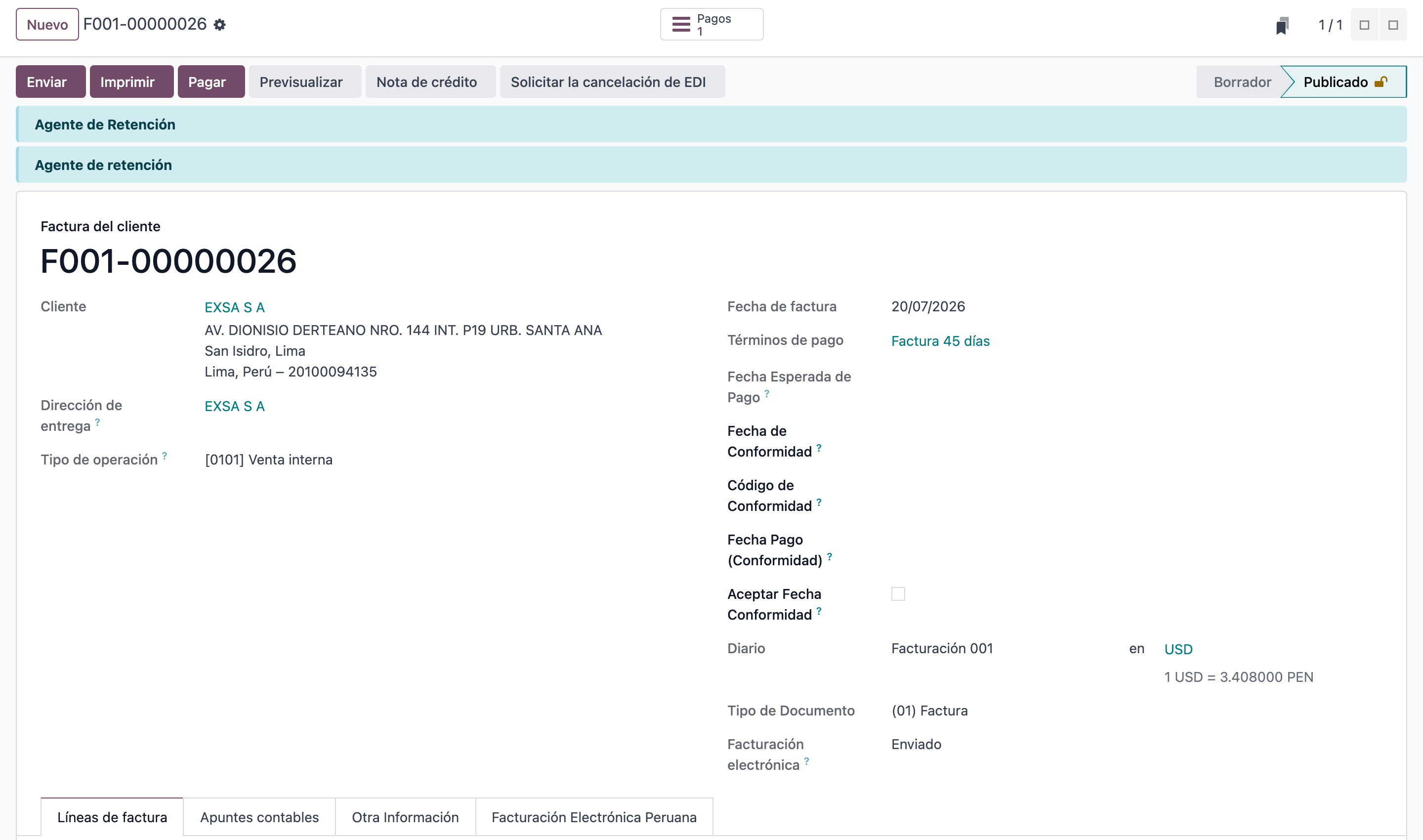 Posted customer invoice sent to CloudiaFact OSE