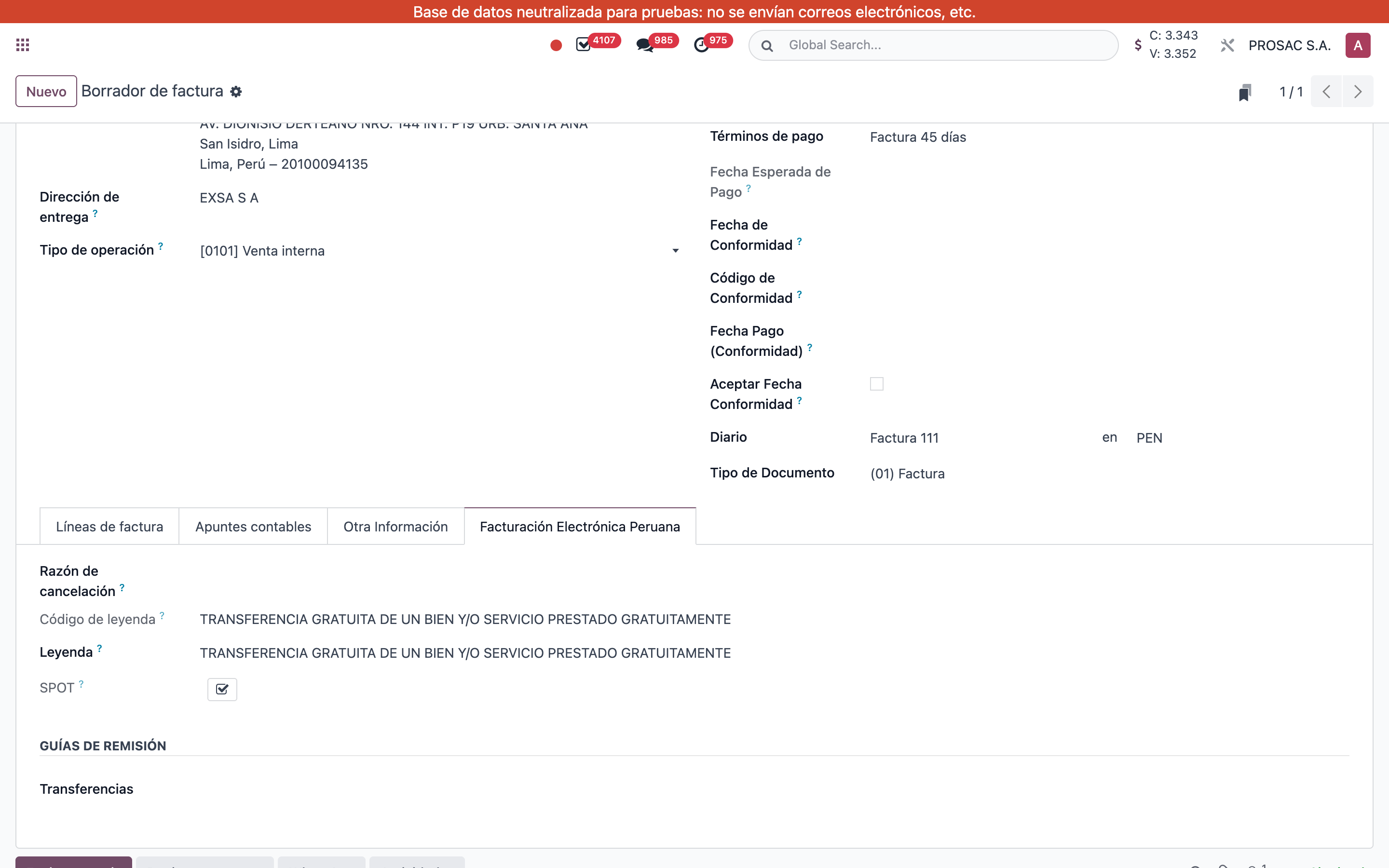 Free-taxed invoice with locked SUNAT legend