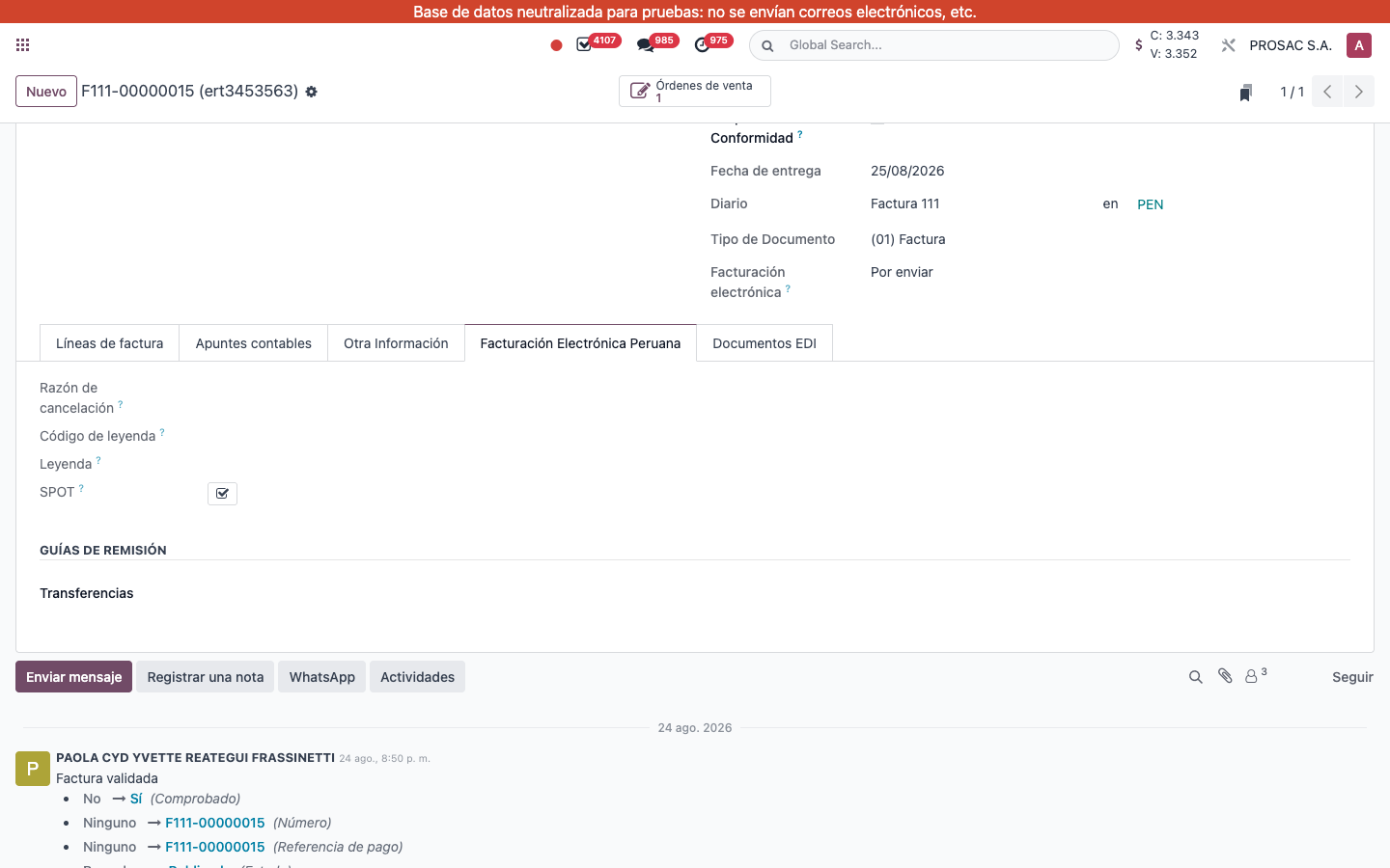 Invoice PE electronic invoicing tab